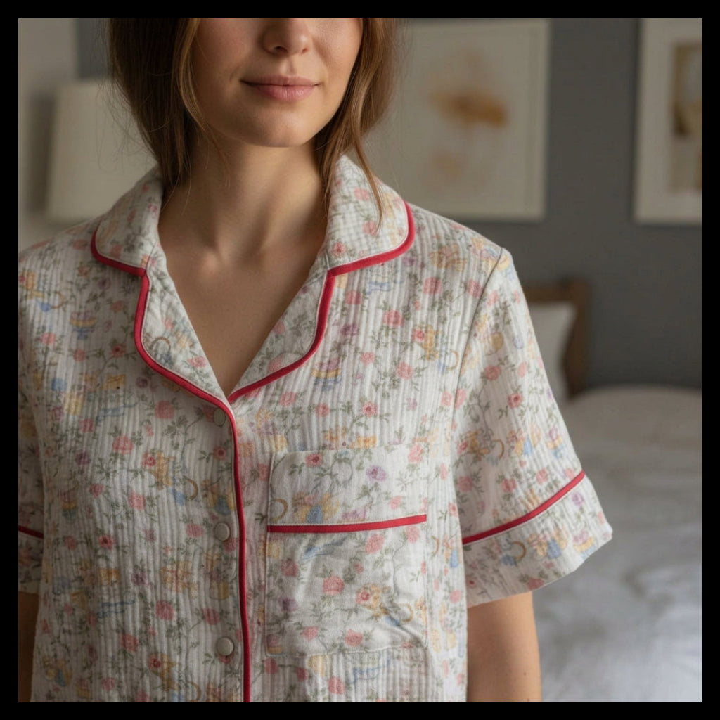 Women’s Floral 100% Cotton Muslin Pajama Set – Short Sleeve Button-Up Sleepwear