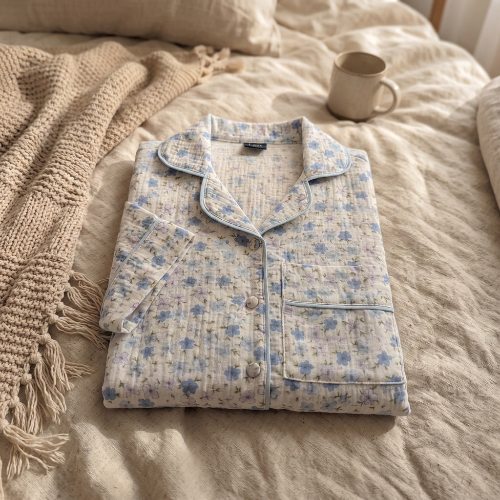 100%Cotton Muslin Women’s Blue Floral Short Pajama Set – Button-Up Sleepwear