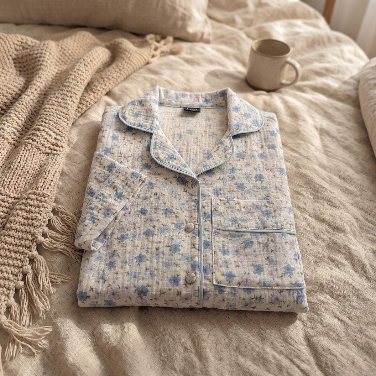 100%Cotton Muslin Women’s Blue Floral Short Pajama Set – Button-Up Sleepwear