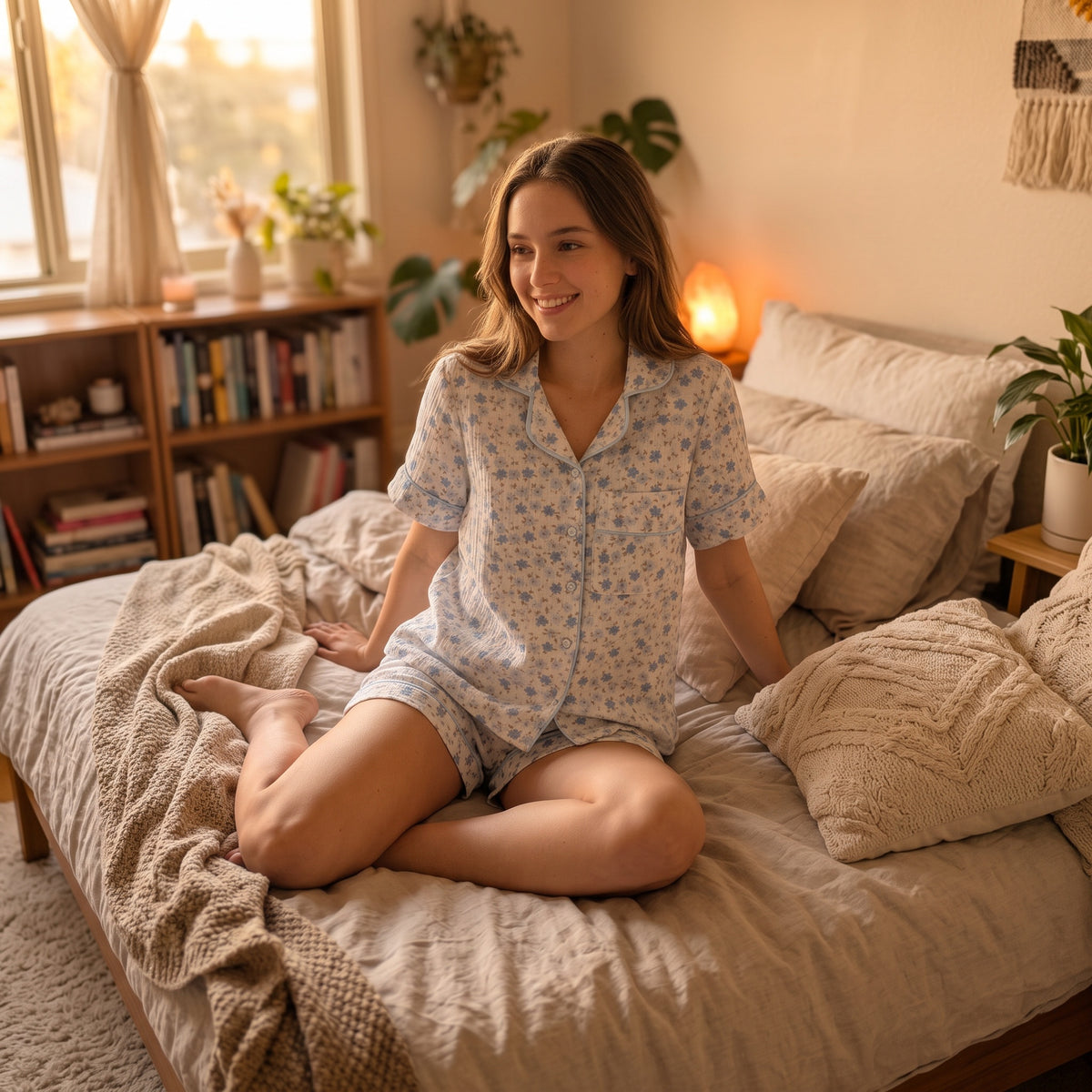 100%Cotton Muslin Women’s Blue Floral Short Pajama Set – Button-Up Sleepwear
