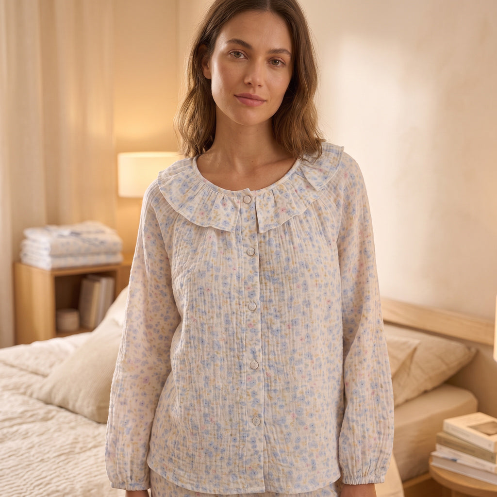 100% Cotton Muslin Women’s Floral 2-Piece Lounge Set – Casual Button-Up Top & Wide-Leg Pants