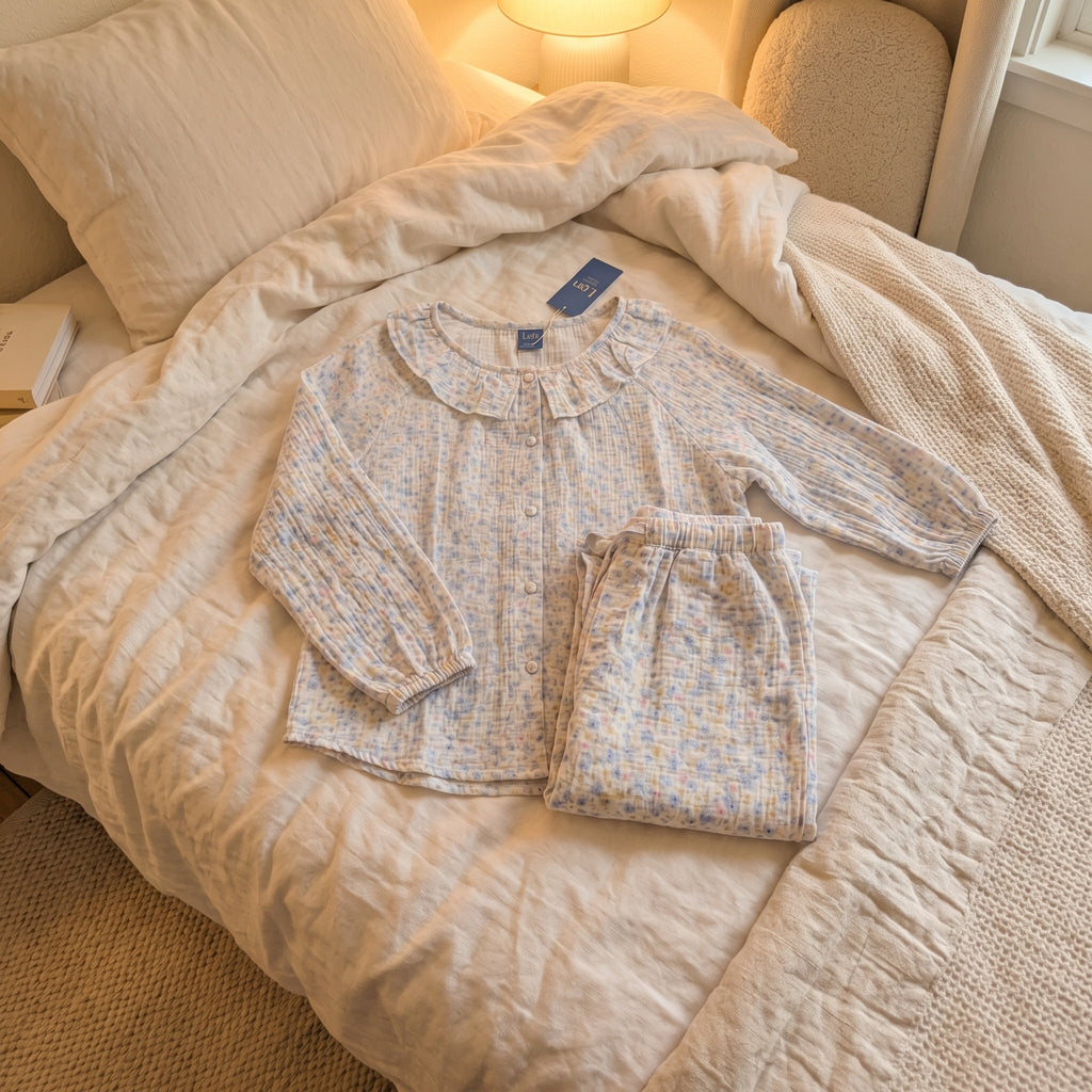 100% Cotton Muslin Women’s Floral 2-Piece Lounge Set – Casual Button-Up Top & Wide-Leg Pants