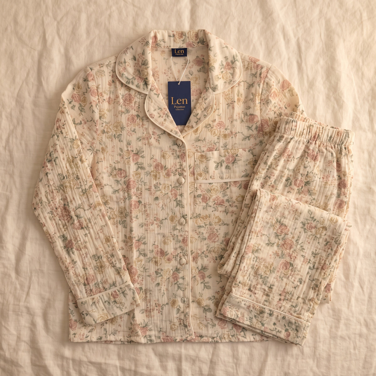 Women’s Floral 100% Cotton Muslin Pajama Set – Long Sleeve Button-Up Sleepwear