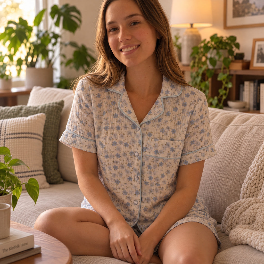 100%Cotton Muslin Women’s Blue Floral Short Pajama Set – Button-Up Sleepwear