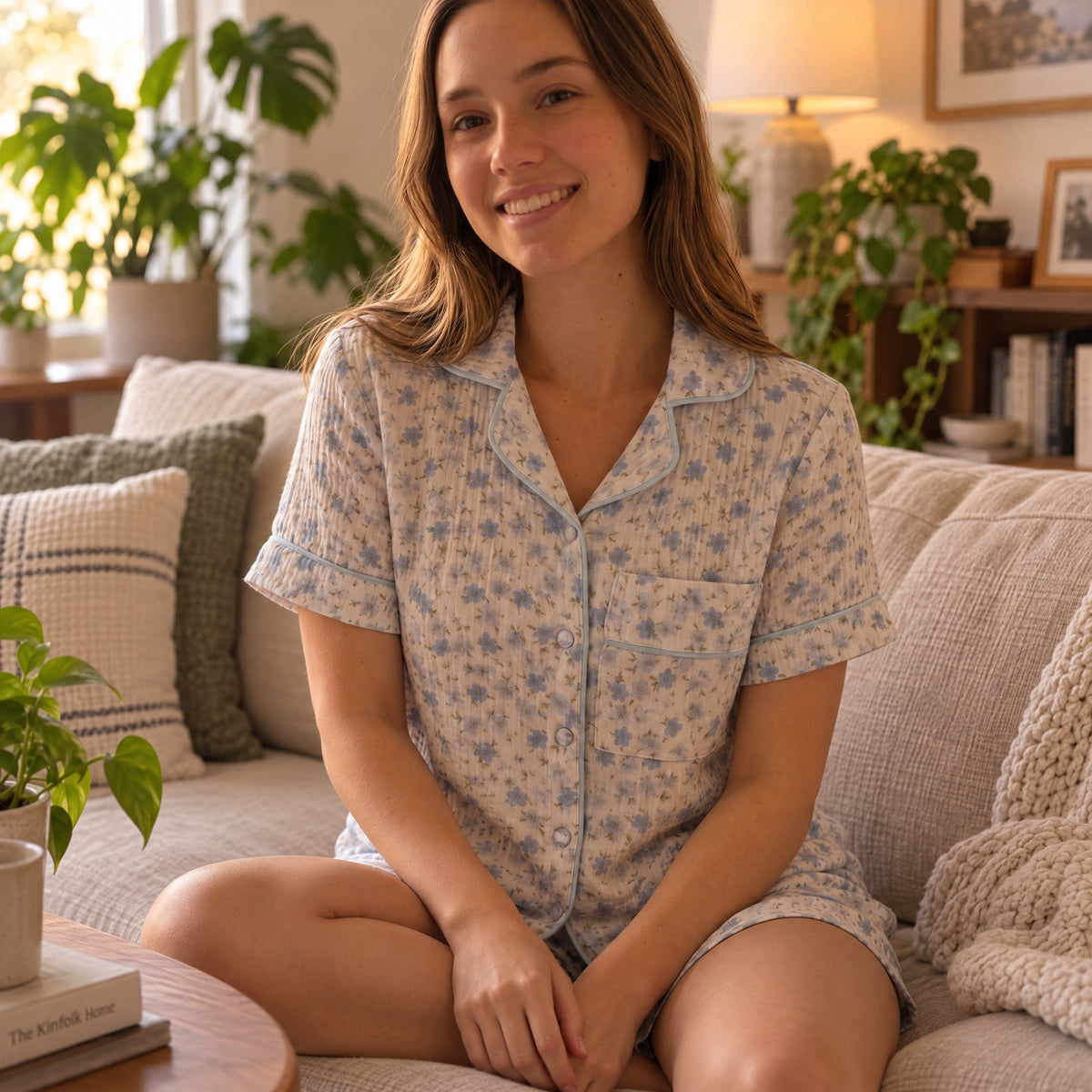 100%Cotton Muslin Women’s Blue Floral Short Pajama Set – Button-Up Sleepwear