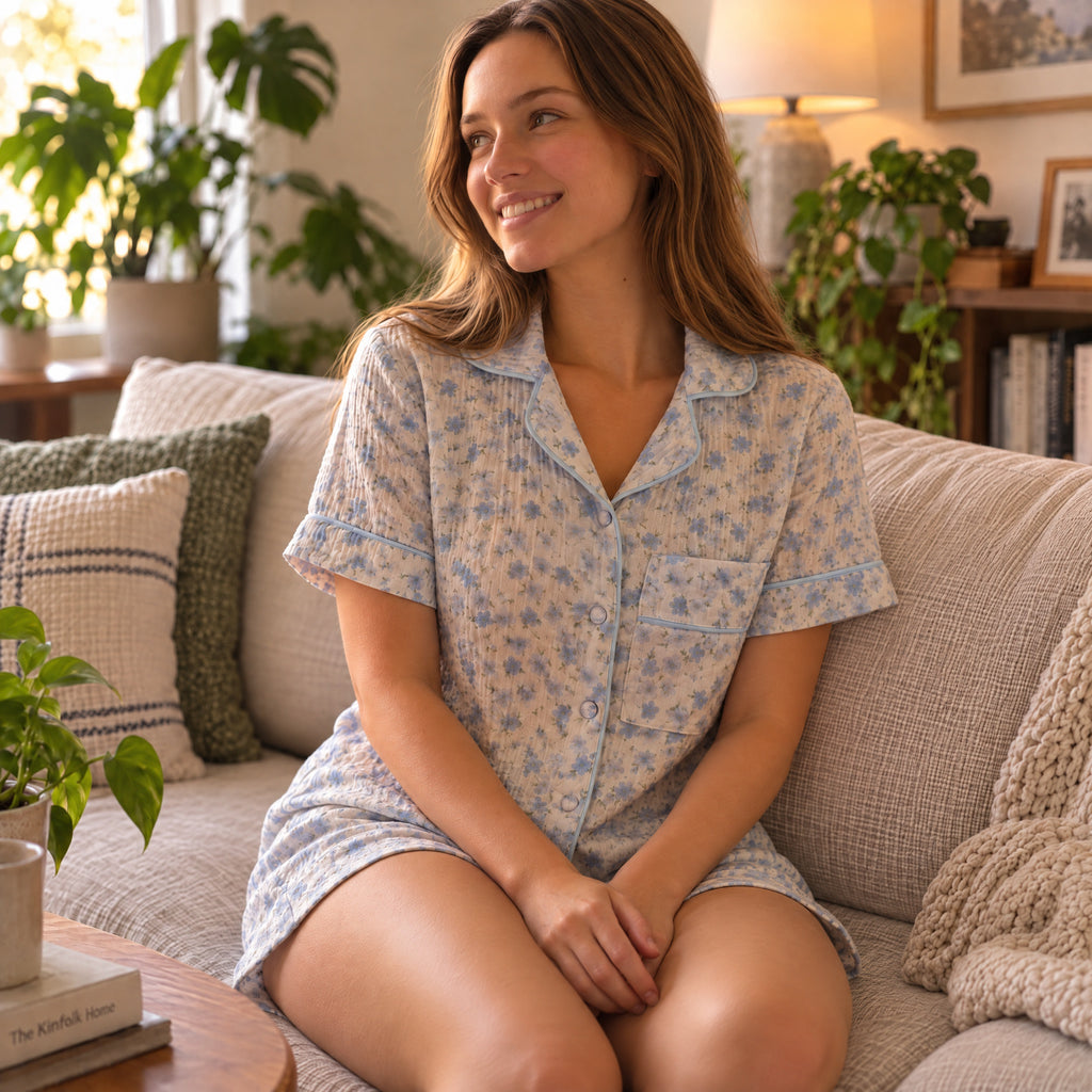 100%Cotton Muslin Women’s Blue Floral Short Pajama Set – Button-Up Sleepwear