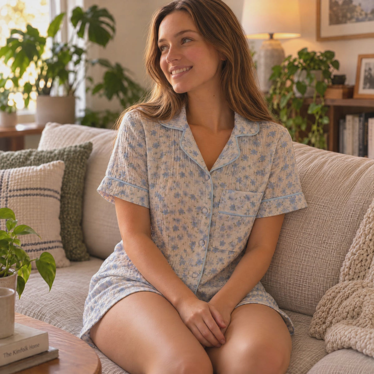 100%Cotton Muslin Women’s Blue Floral Short Pajama Set – Button-Up Sleepwear