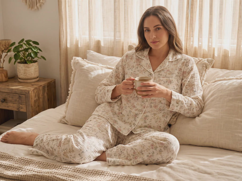 Women’s Floral 100% Cotton Muslin Pajama Set – Long Sleeve Button-Up Sleepwear